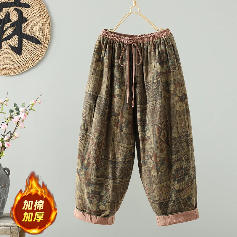 秋冬新款做旧棉麻印花阔腿裤女士文艺复古撞色松紧腰保暖哈伦棉裤