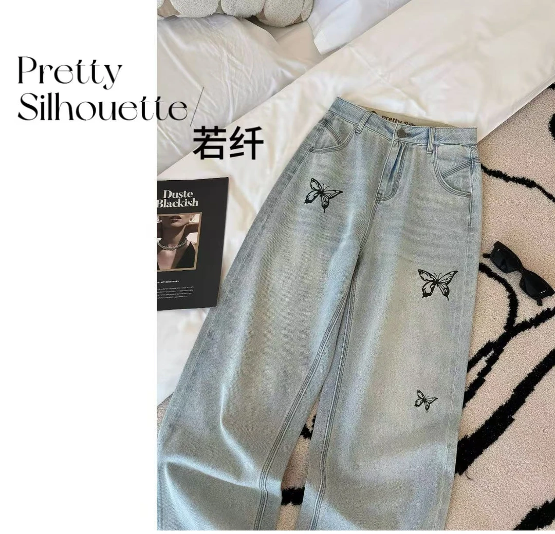 Pretty Silhouette/若纤夏日新款【蝶纹蓝】窄版直筒阔腿裤遮肉显瘦