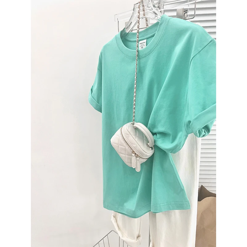 简约百搭夏装小清新薄荷绿纯棉正肩短袖t恤女纯色小众半袖上衣
