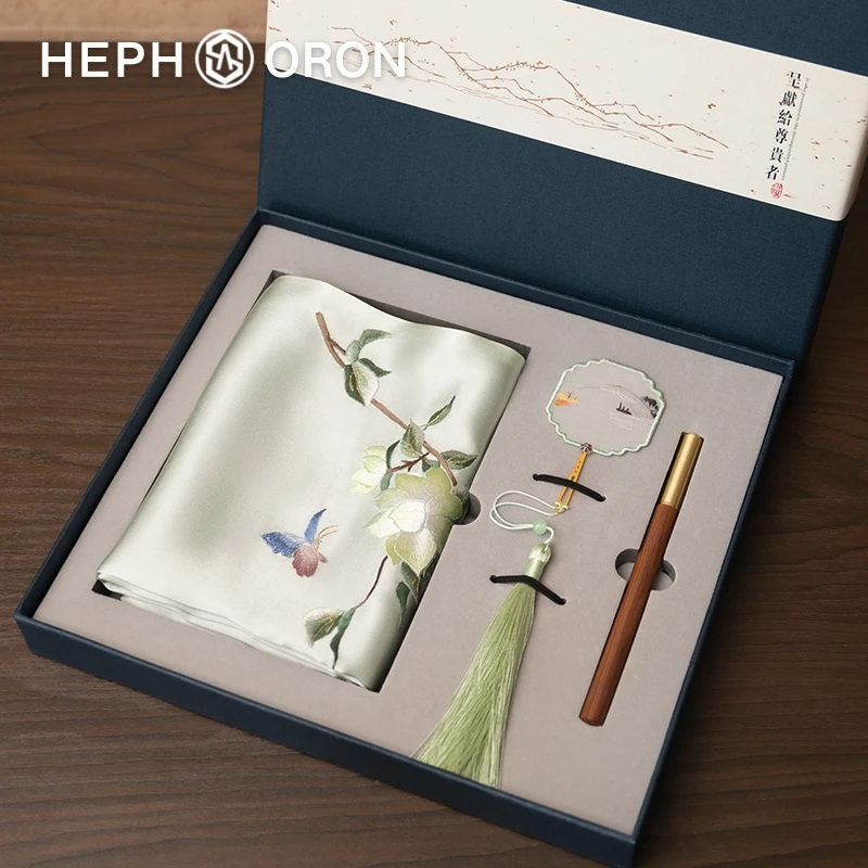 HEPHSORON苏绣丝巾礼盒送妈妈绿色刺绣百搭高级感桑蚕丝真丝围巾