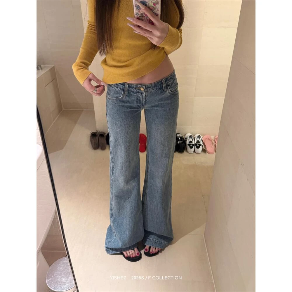 YISHEZ “开场神裤”气质显腿长阔腿微喇牛仔女中低腰拖地喇叭长裤