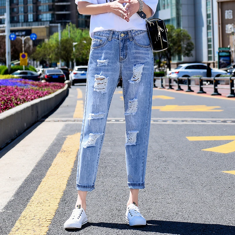 破洞牛仔裤女士宽松直筒秋季胖mm显瘦高腰哈伦老爹裤九分女款裤子