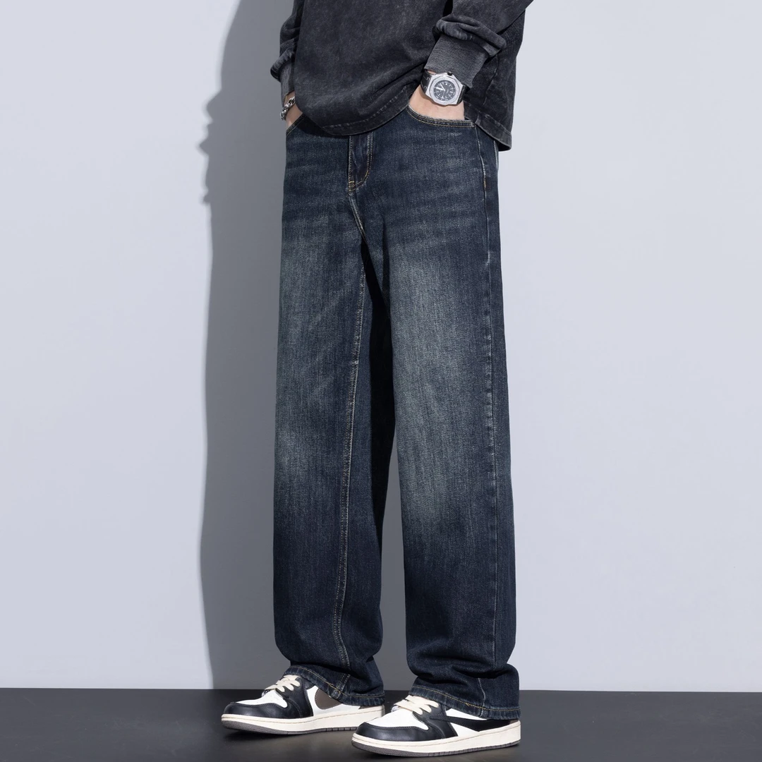 Kuvine美式复古牛仔裤男款秋冬加绒加厚宽松直筒潮流休闲男士长裤