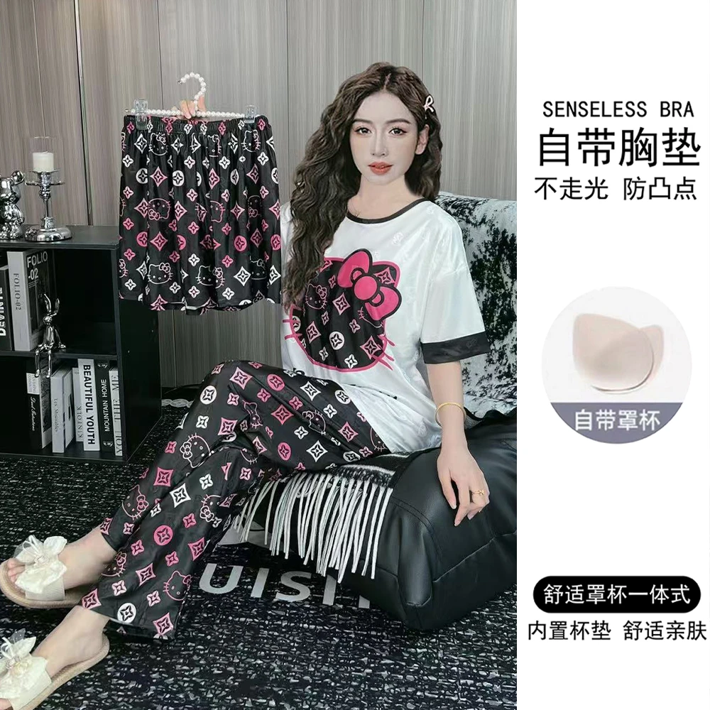 带胸垫夏季提花冰丝睡衣女短袖薄款三件套宽松卡通家居服套装夏天