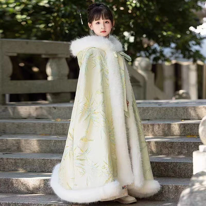 女童夹棉加厚披风成人外出防风斗篷长款宝宝披肩中国风外套秋冬款