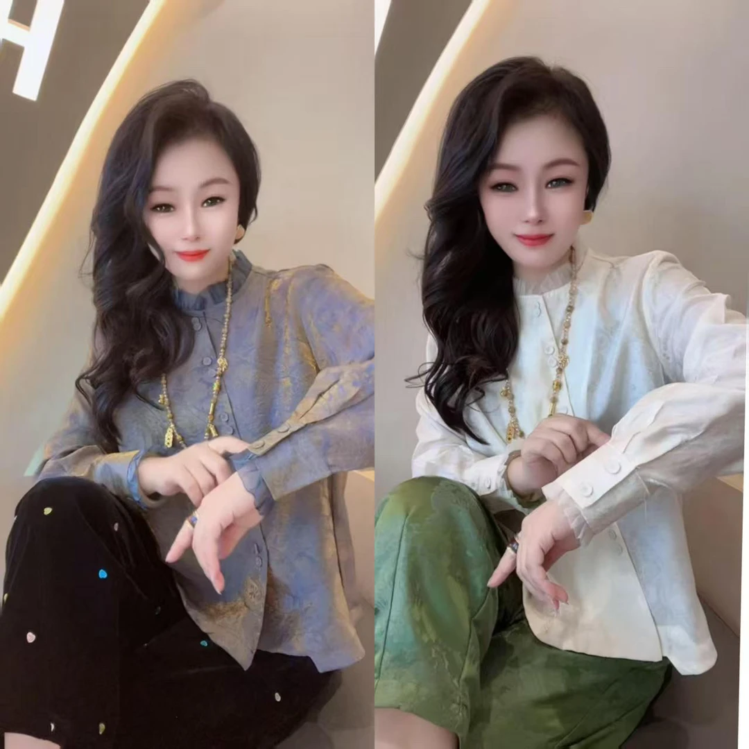 精致浮光褶皱花边领微喇长袖早秋衬衫