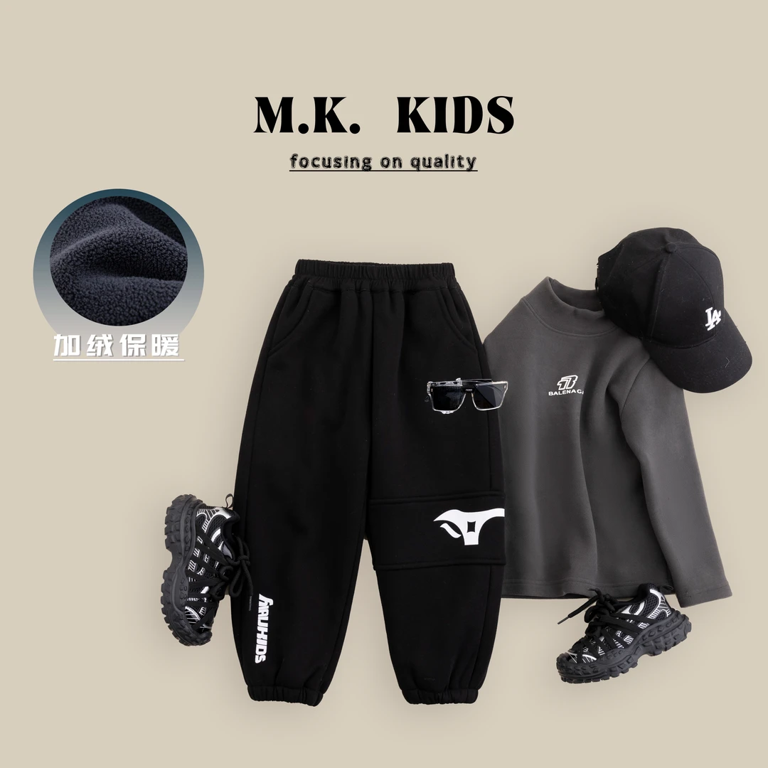 MK童装儿童冬款加绒裤男童潮酷时尚卫裤休闲裤2024新款DA7412