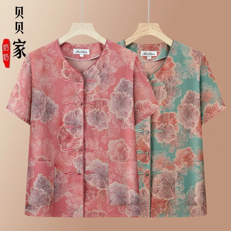奶奶夏装2025新款衬衫洋气老太太衣服中老年人女短袖上衣妈妈衬衣
