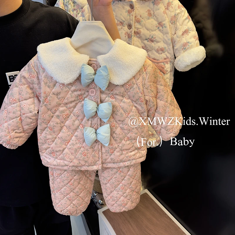 童装女童2024冬装新款夹棉加厚碎花两件套中大童新年保暖套装