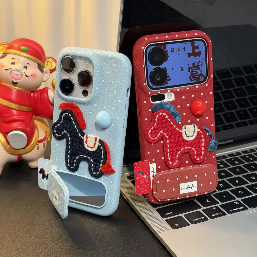 太乐虫波点刺绣小马支架适用苹果17皮纹16手机壳小米vivo华为oppo