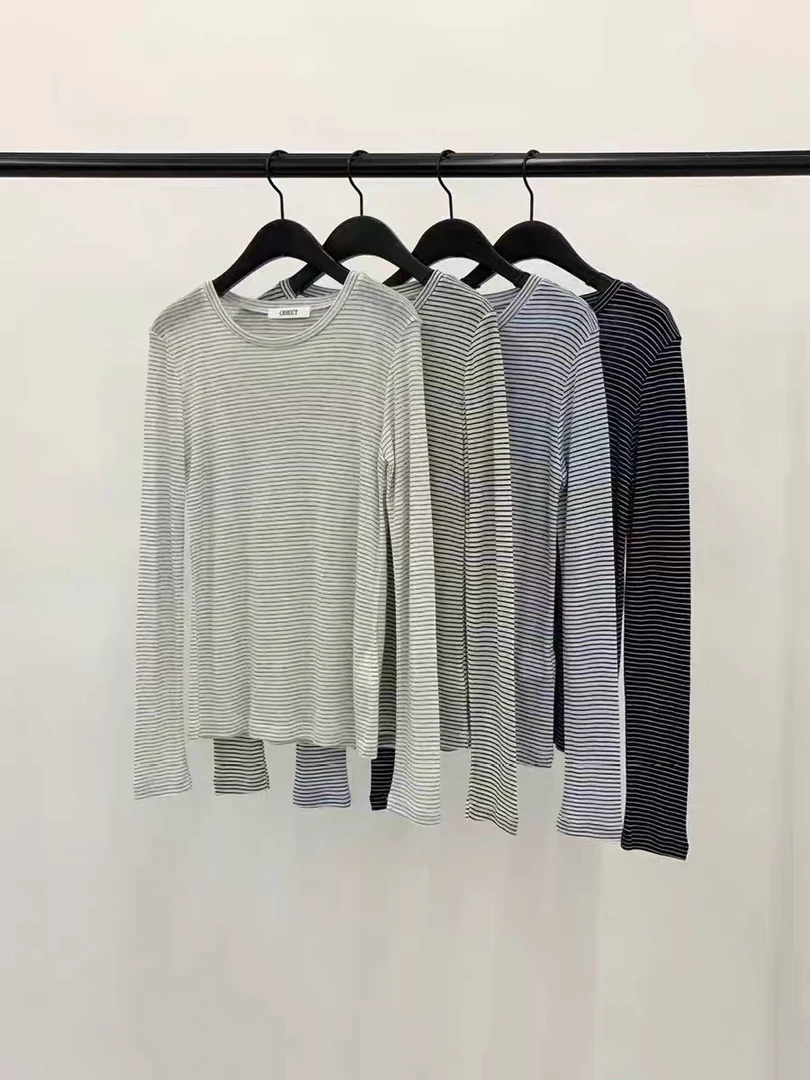 【粉风】东大门·object早春简约百搭条纹三色T恤