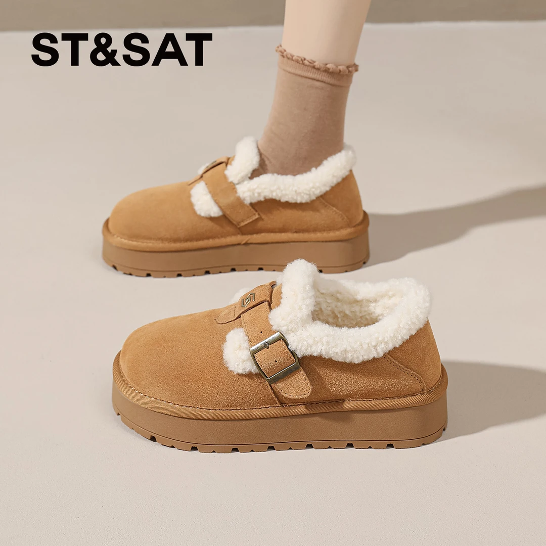 星期六冬季新款雪地靴女时尚复古加绒保暖勃肯鞋百搭防滑软底棉鞋