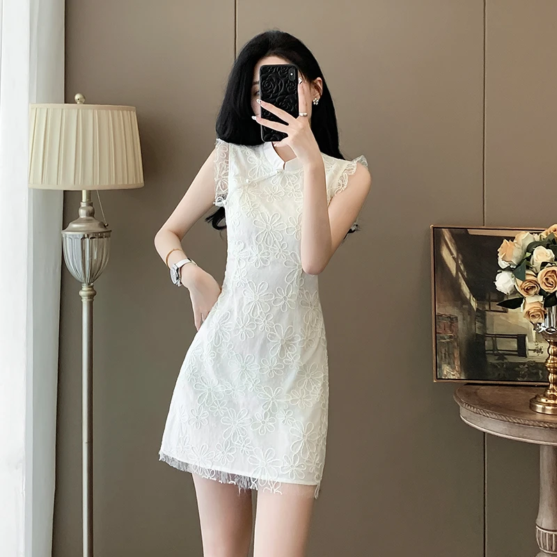 白色蕾丝连衣裙女夏季2025新款气质法式高级感小个子改良旗袍裙子