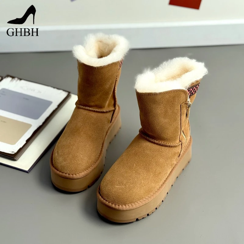 新款冬季加绒皮毛一体保暖雪地靴厚底短筒加厚舒适真毛棉靴