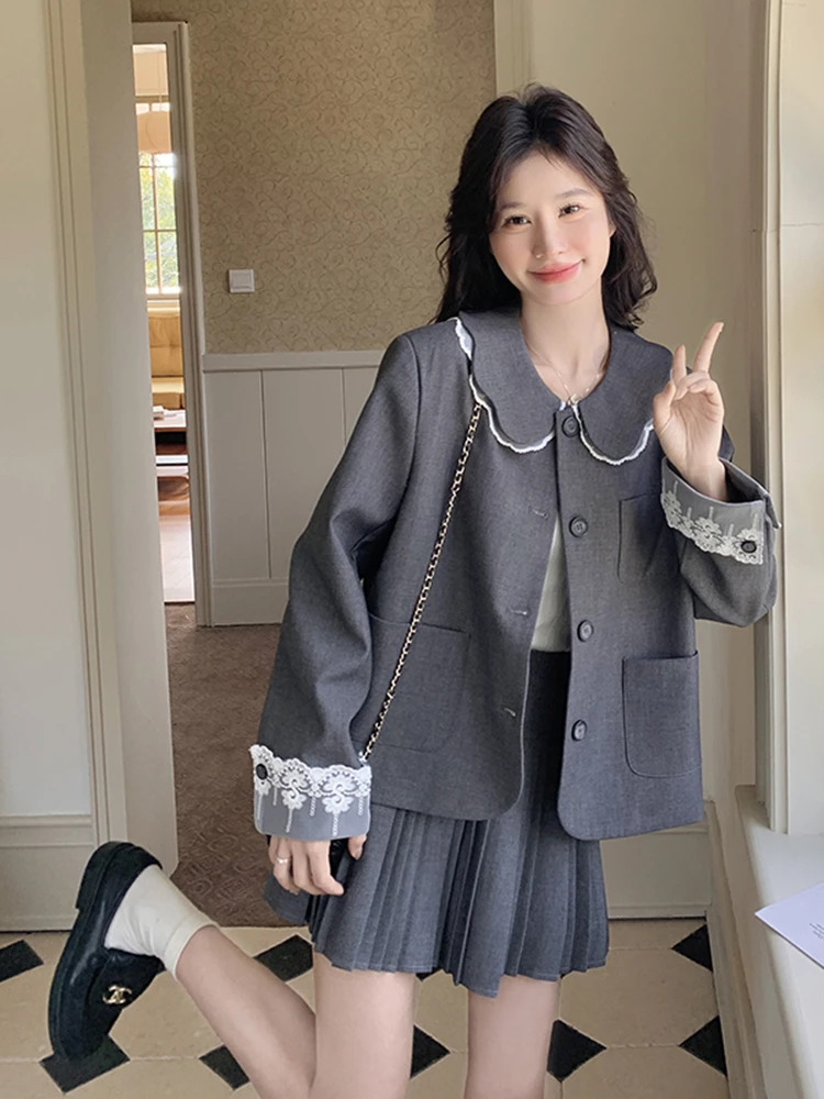 千金风显瘦娃娃领西装两件套女2025秋季一整套穿搭百褶短裙套装潮