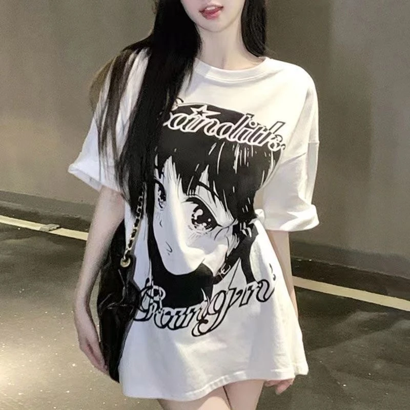 大码胖mm设计感漫画少女短袖t恤女夏季宽松2-300斤半袖百搭上衣服