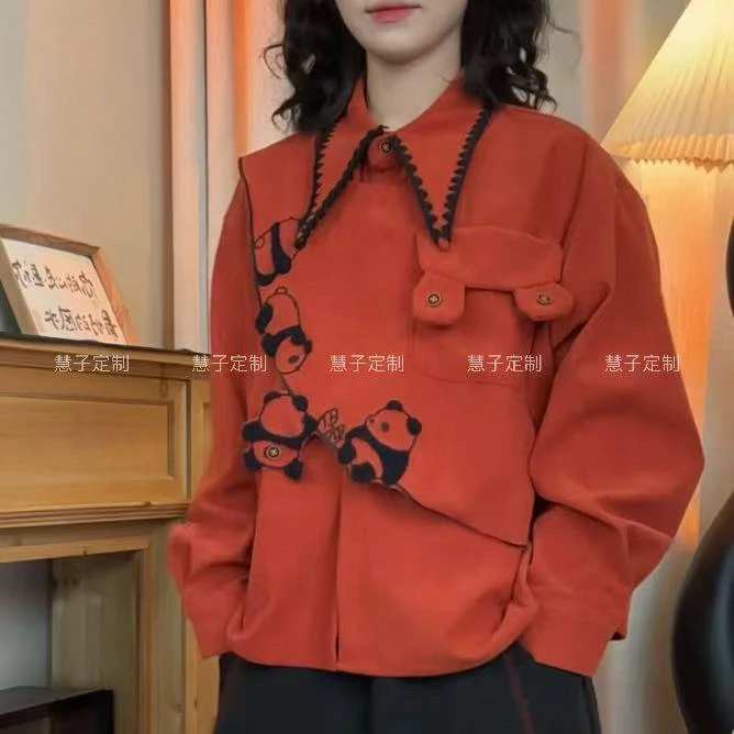 慧子“熊出没” 原创专机尖领叠层信封真口袋灯芯绒小众宽松衬衫