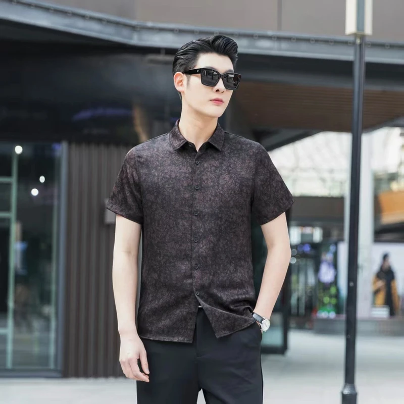 【锦绣丝绸】夏季休闲衬衫男短袖宽松 高档桑蚕丝薄款半袖上衣