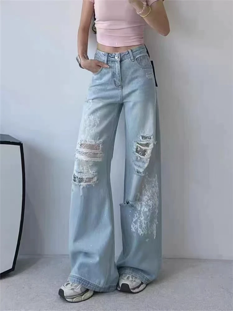 LL琳金迪莎蕾丝镂空破洞牛仔裤新款设计感窄版高腰直筒阔腿裤1031