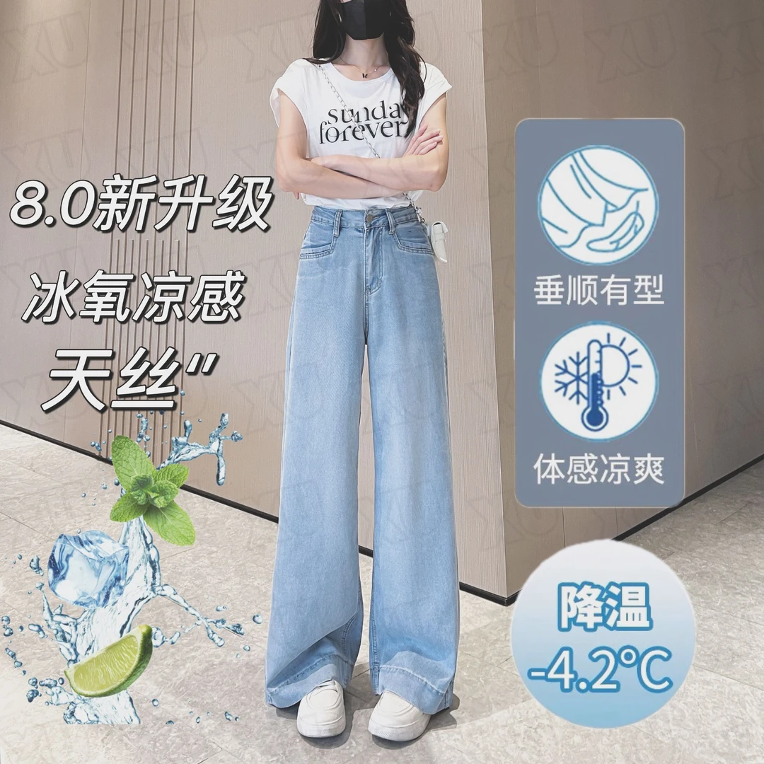【防晒面膜裤】莱赛尔天丝牛仔裤女高腰夏季薄款凉感阔腿裤子7524 Q