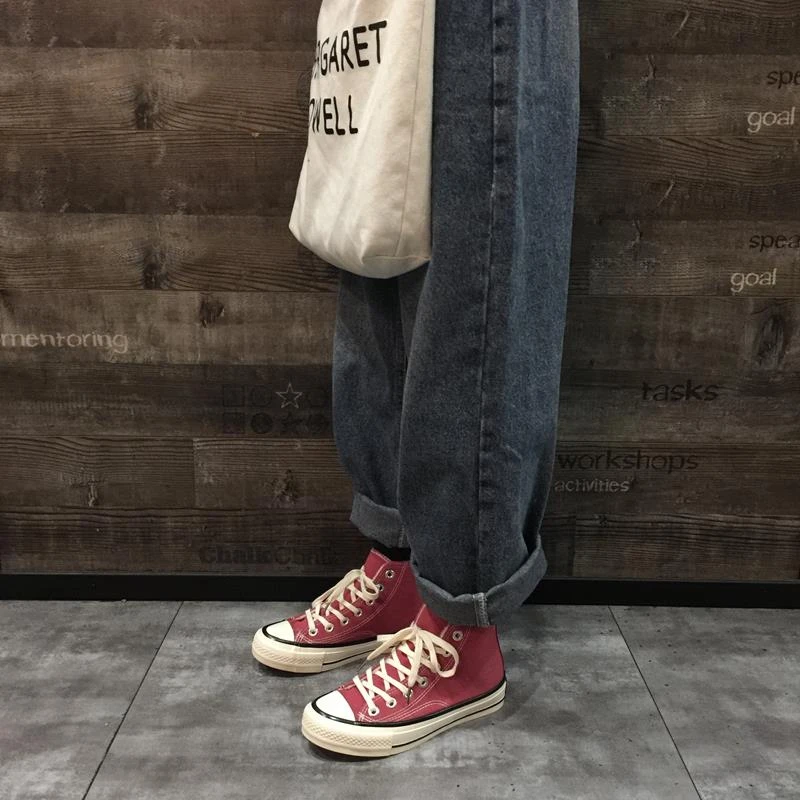春季豆沙红色帆布鞋女高帮鞋子女平底百搭韩版学生板鞋女ulzzang