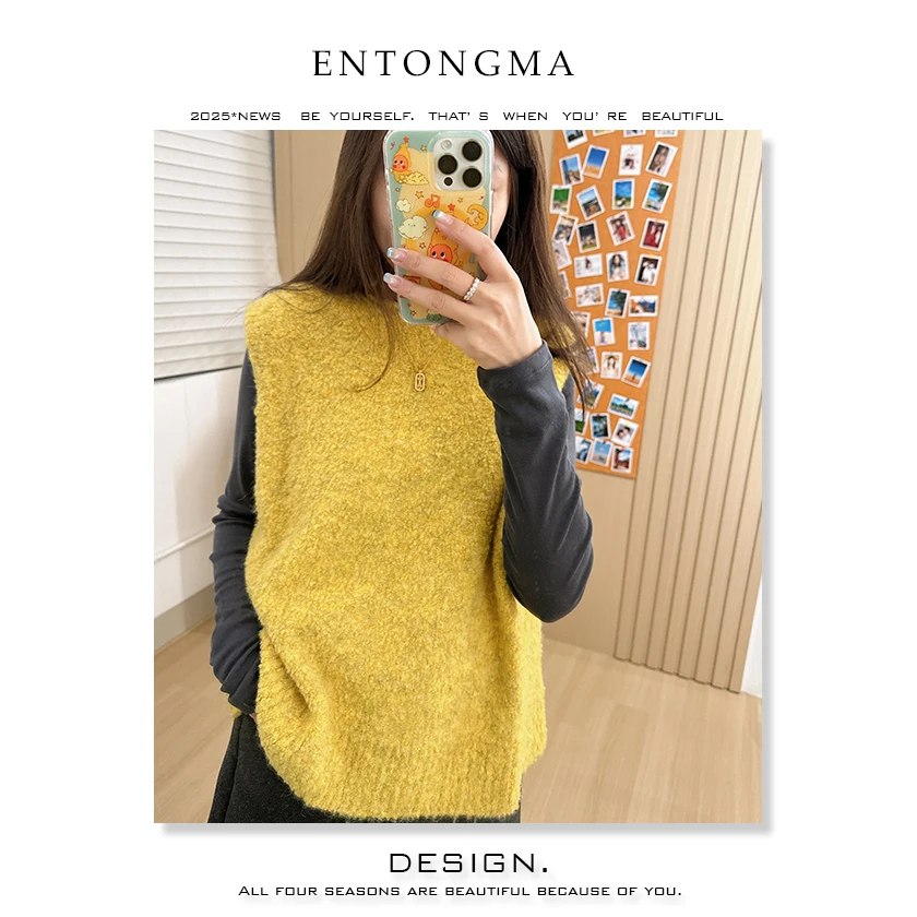 ENMA法式女薄款时尚高领马甲马夹圆领针织套头