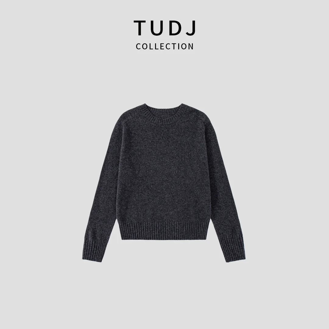【TUDJ】100%绵羊毛圆领针织长袖打底毛衣秋冬款极简风纯色内搭上衣