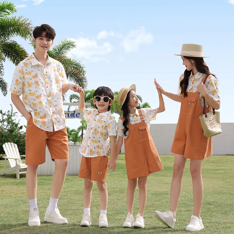 亲子装一家三口背带裤洋气衬衫男套装夏装炸街母女装衬衣两件套潮