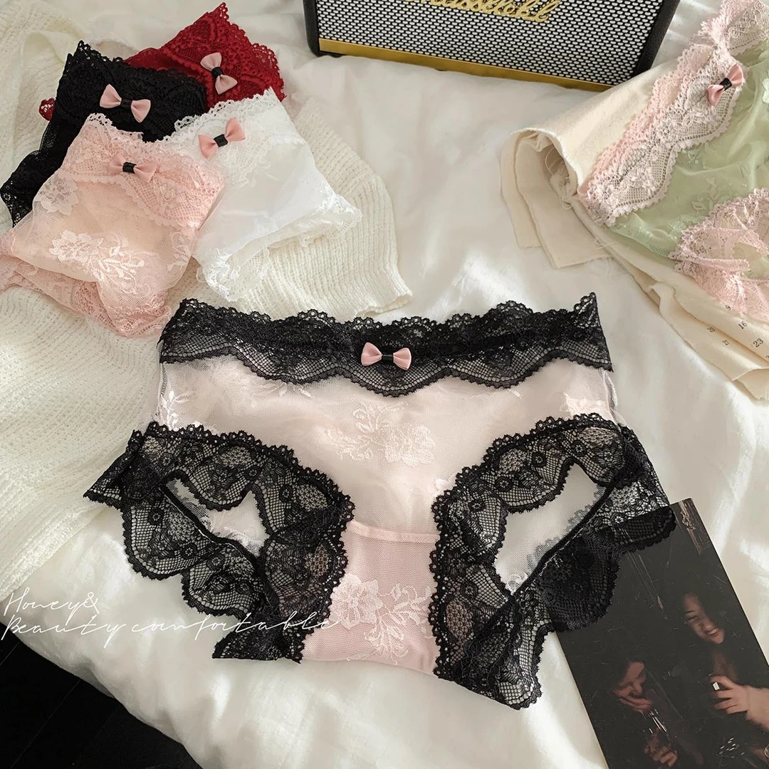 沁诗宁甜蜜暧昧 法式甜美少女内裤蕾丝蝴蝶结透气低腰三角裤女生
