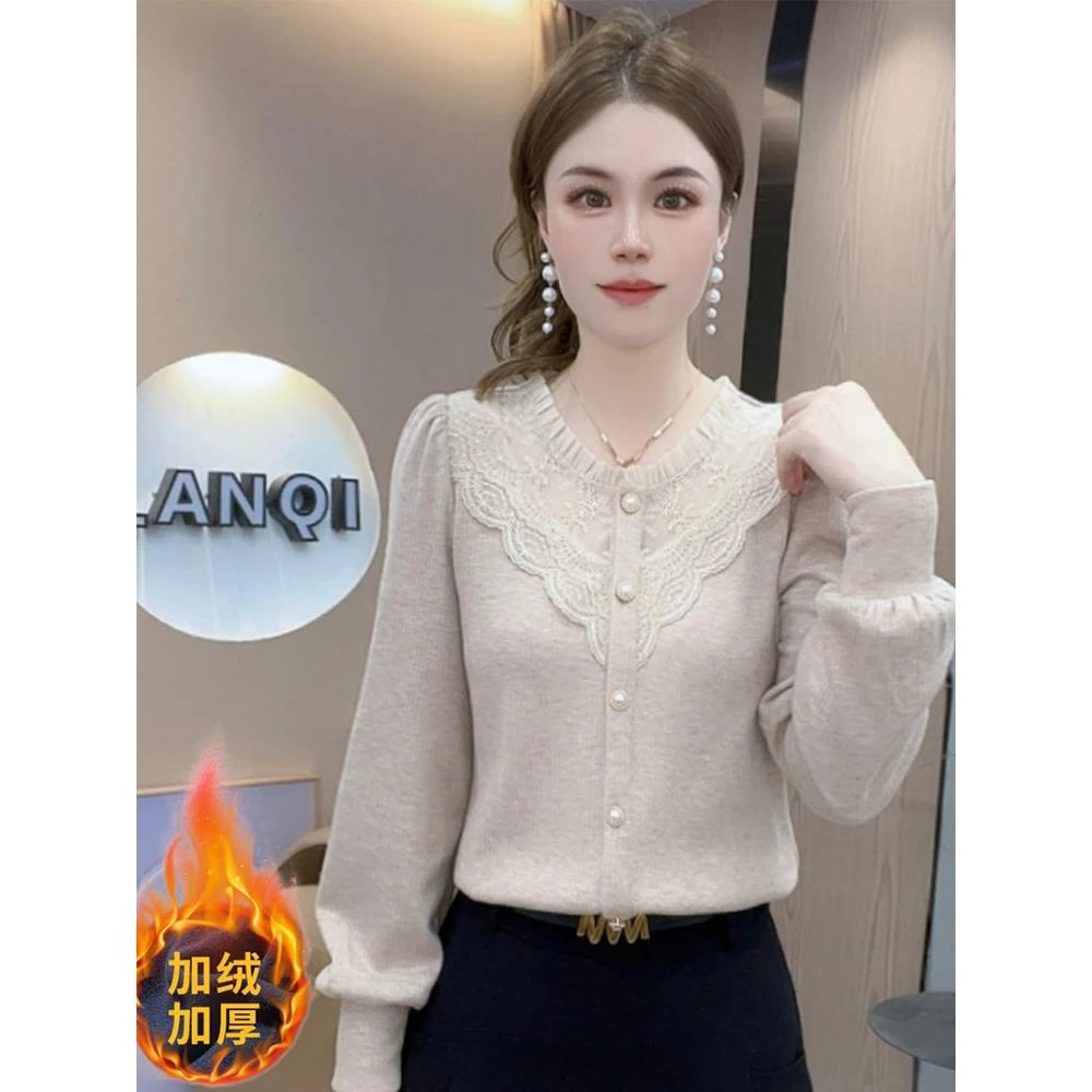 加绒加厚蕾丝衫女冬季新款洋气减龄显瘦保暖长袖打底衫内搭上衣潮