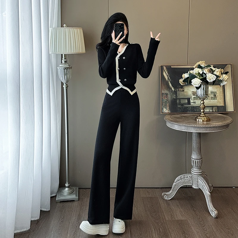 秋季2025新款气质洋气时尚套装女法式黑色小香风上衣阔腿裤两件套