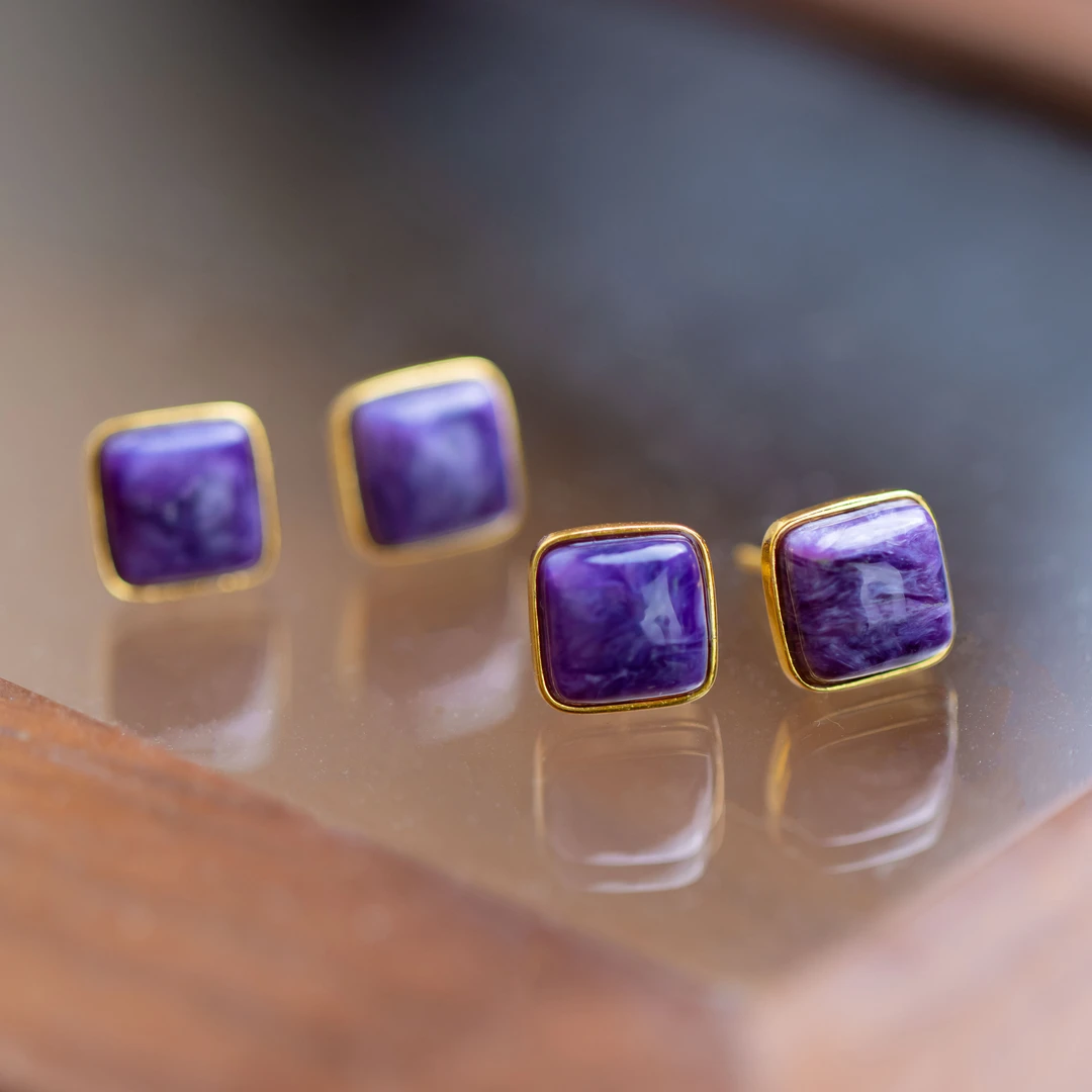 S925镀金紫龙晶方形耳钉（多样性发货发其一）