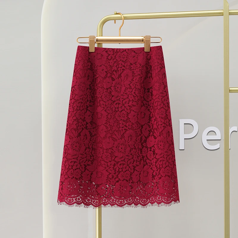 酒红色蕾丝半身裙女夏季2025新款高腰显瘦a字裙中长款小个子裙子