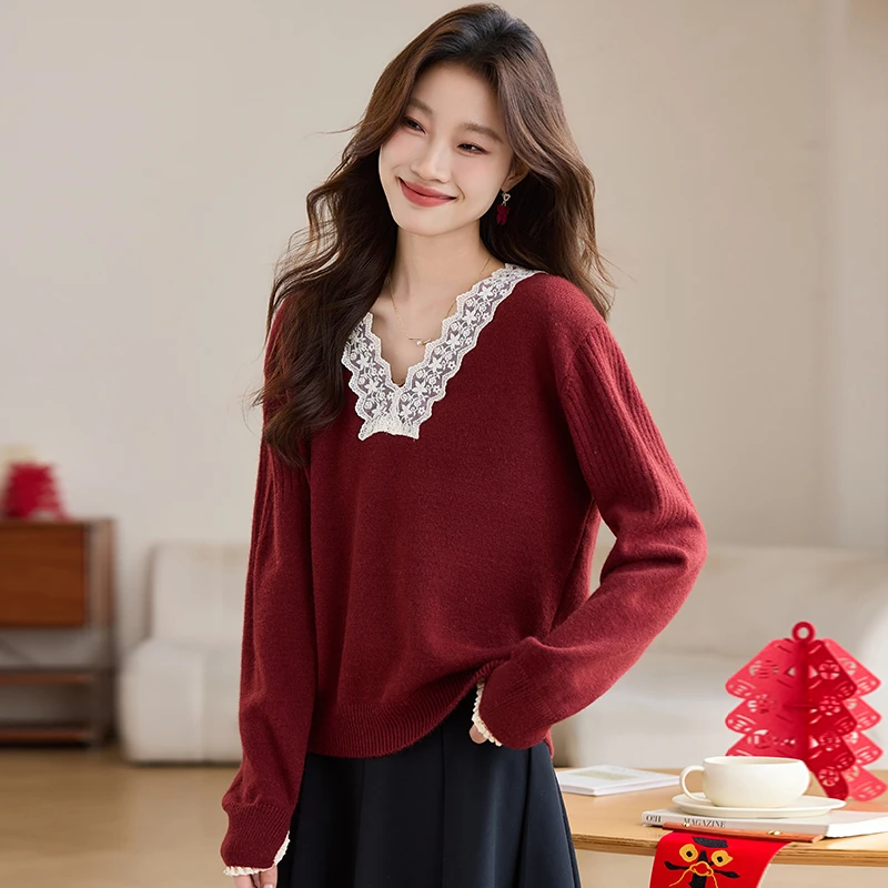 品牌时尚女装V领蕾丝短款套头毛针织衫气质百搭洋气毛衣亲肤上衣