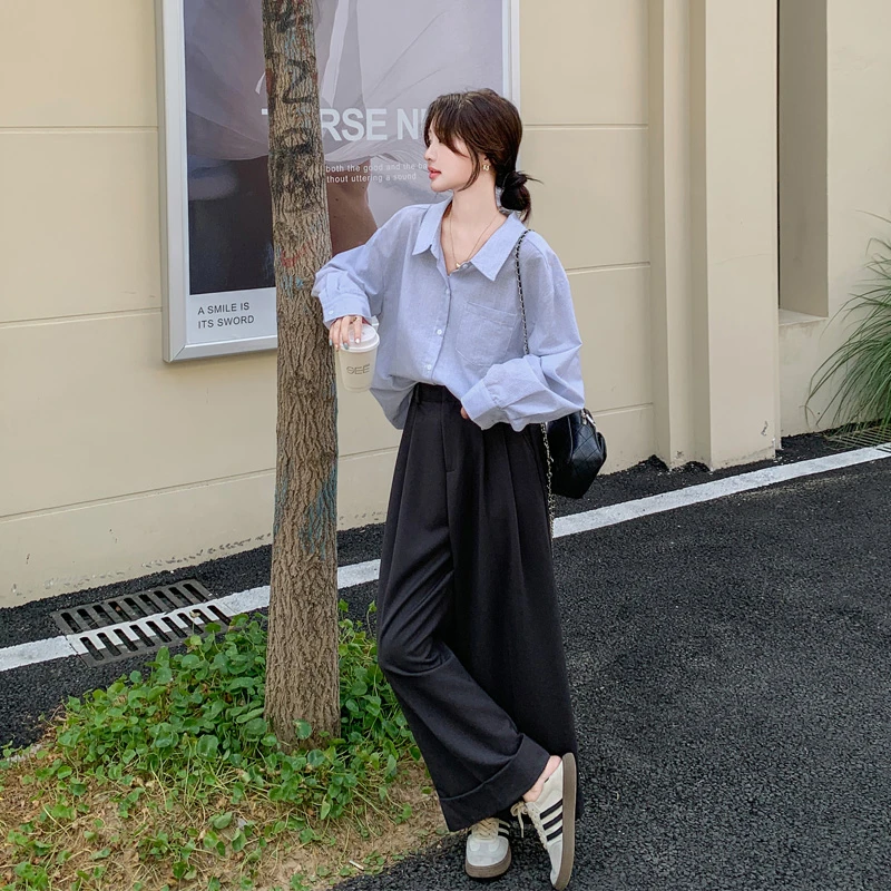 韩系松弛感蓝色衬衫阔腿裤2025早秋新款简约通勤风显瘦垂感套装裤