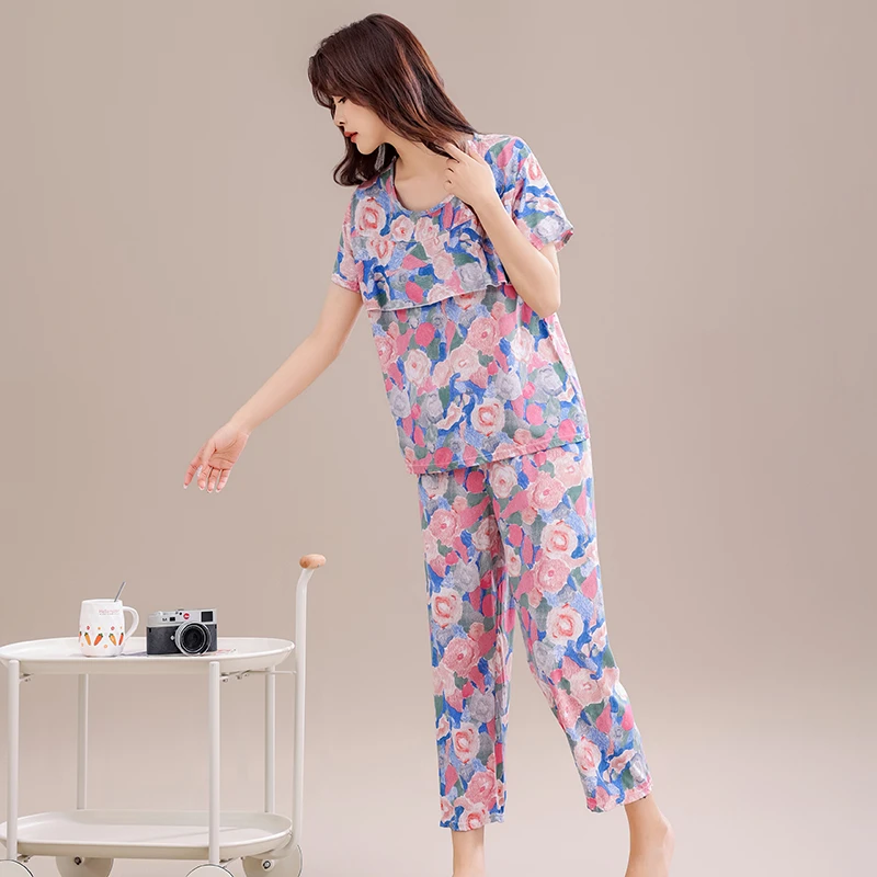 新款防凸点睡衣女套装夏季绵绸睡衣短袖九分裤薄款居家空调服