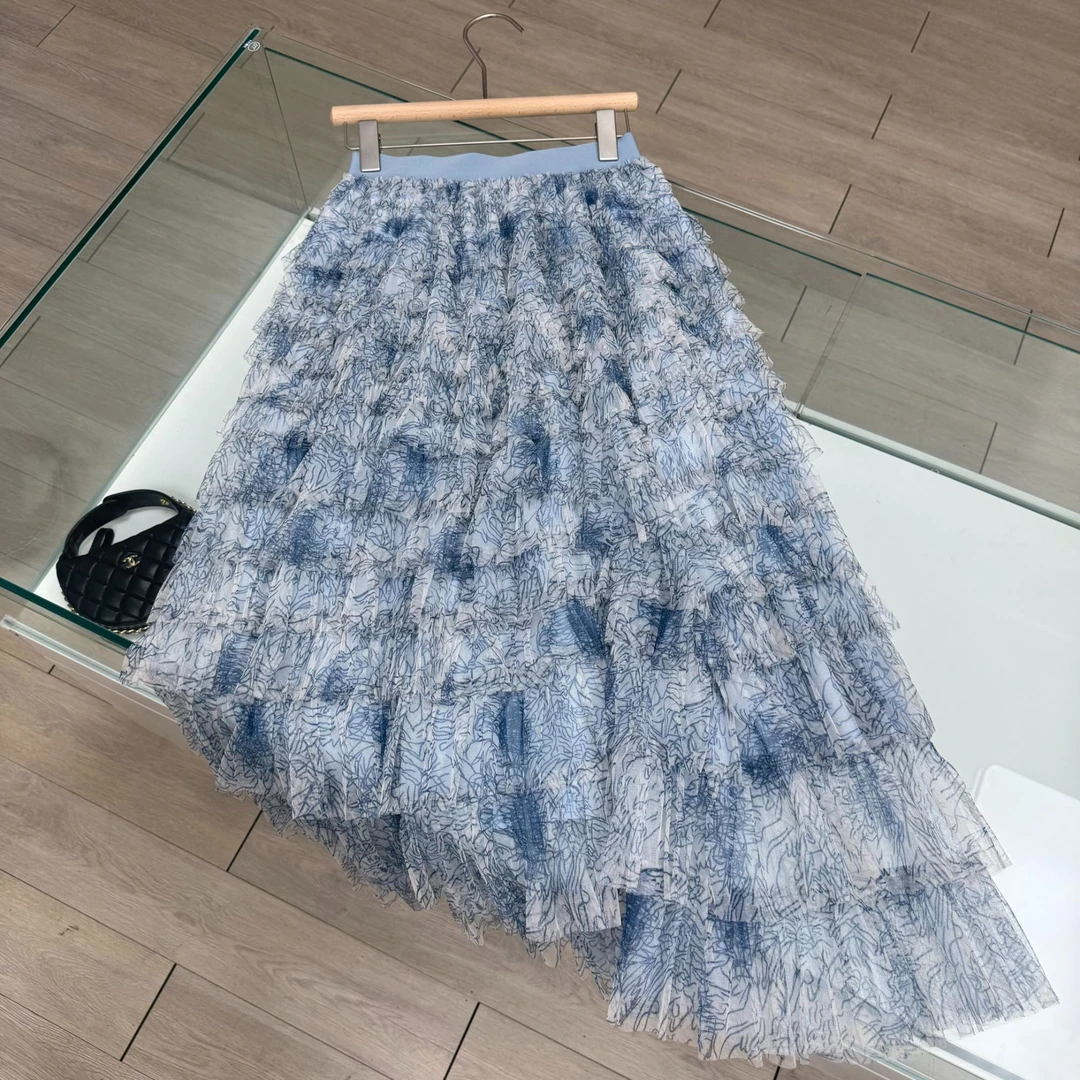 2025新款韩系扎染仙气大摆网纱层层半身裙-25846