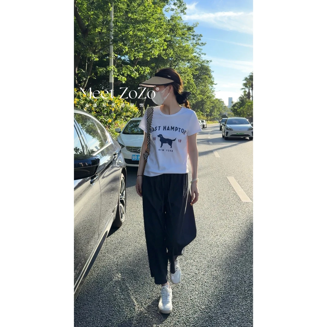 【周周】“美式复古”夏季洋气显瘦印花短袖弹力T恤女154256