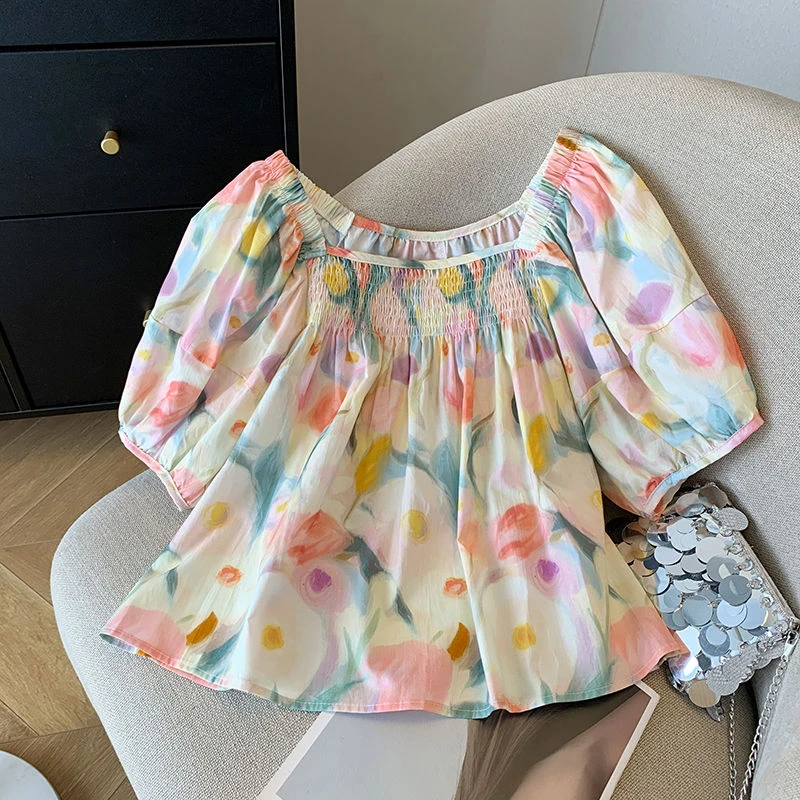 2025新款韩系波点印花泡泡袖衬衫女装夏季小个子方领显瘦洋气独特