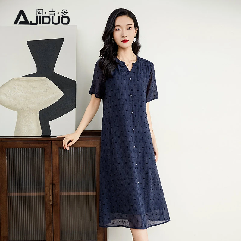 阿吉多蓝色短袖连衣裙女夏季新款妈妈提花高级气质大码裙子A32218
