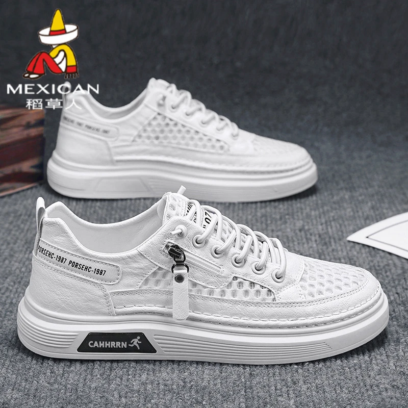 稻草人板鞋男款2025夏季镂空透气休闲鞋男士百搭耐磨一脚蹬小白鞋
