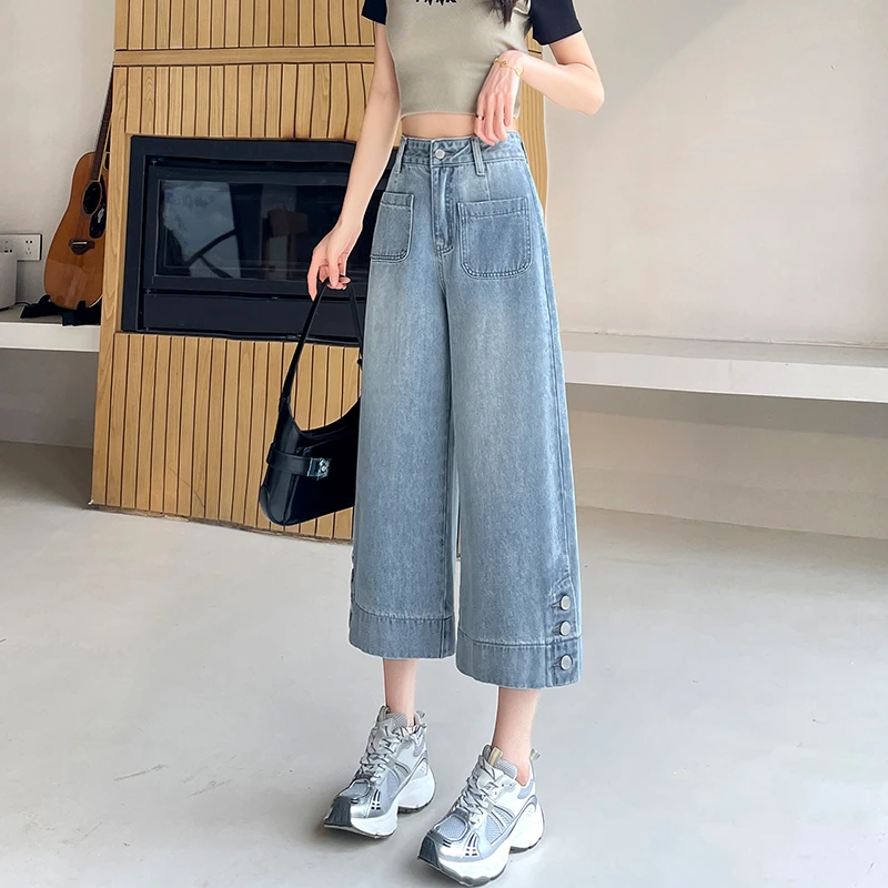 复古拼接阔腿牛仔裤女2025夏季新款流行小个子宽松遮肉八分直筒裤