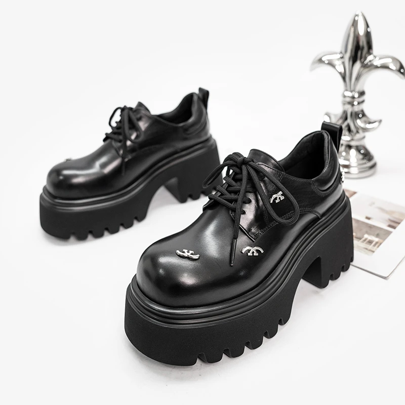 粗跟小皮鞋女胎牛皮春秋季新款英伦风真皮增高厚底单鞋复古乐福鞋