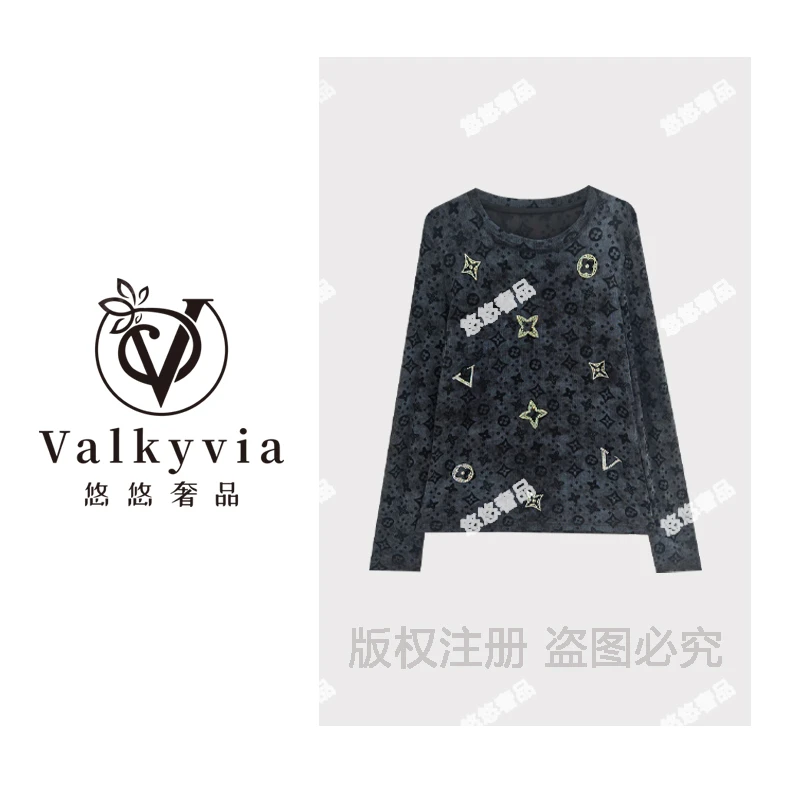 【Valkyvia/悠悠奢品】重工烫钻字母长袖T恤T7688