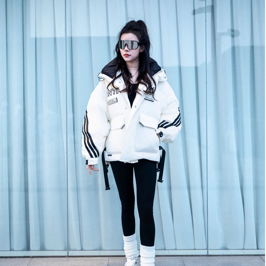 新款美式潮流时尚男女同款情侣加厚连帽条纹拼色保暖外套百搭9911