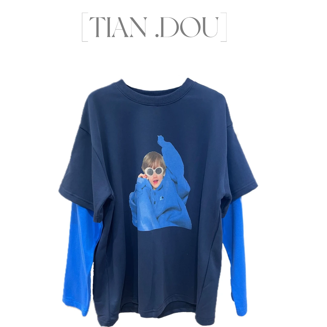 [TIAN .DOU] 慵懒印花撞色假两件