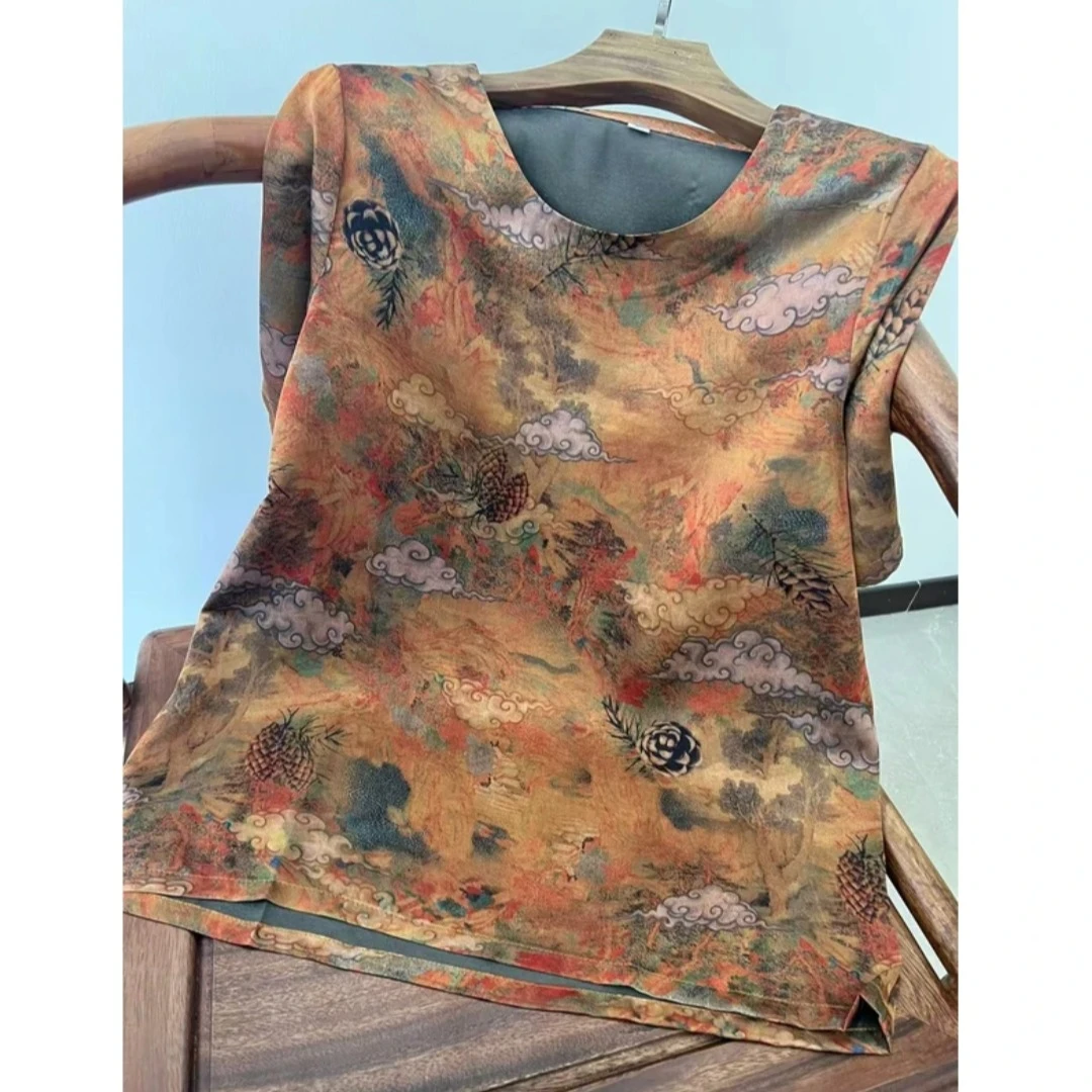 2312国潮中式复古印花圆领短袖T恤小衫