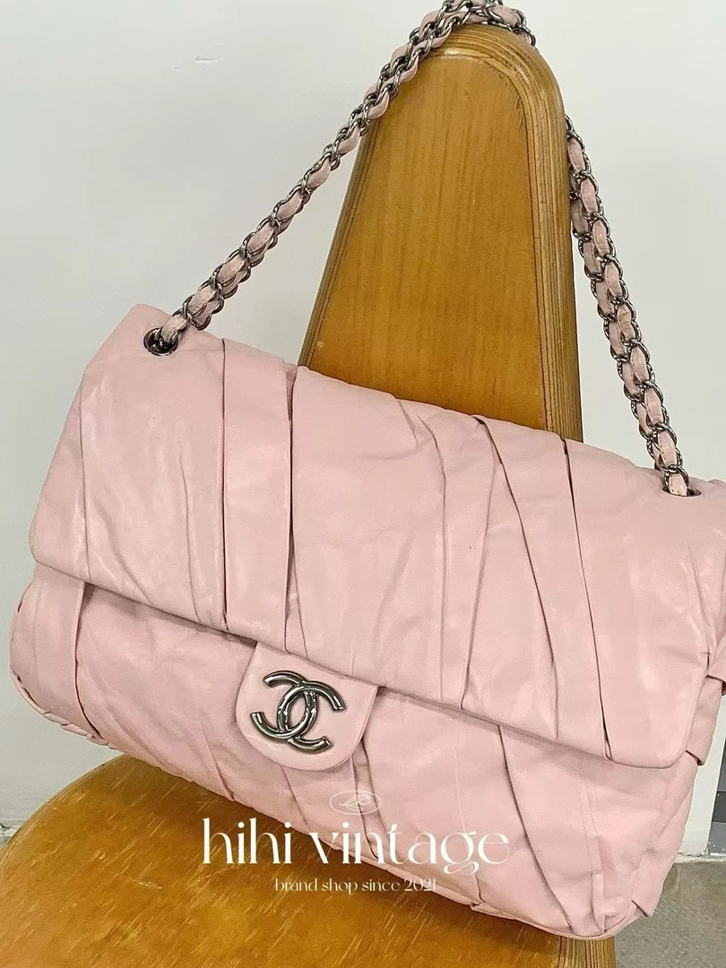 95新 Chanel/香奈儿 HIHI09A粉色银扣褶皱机场包12934126JL