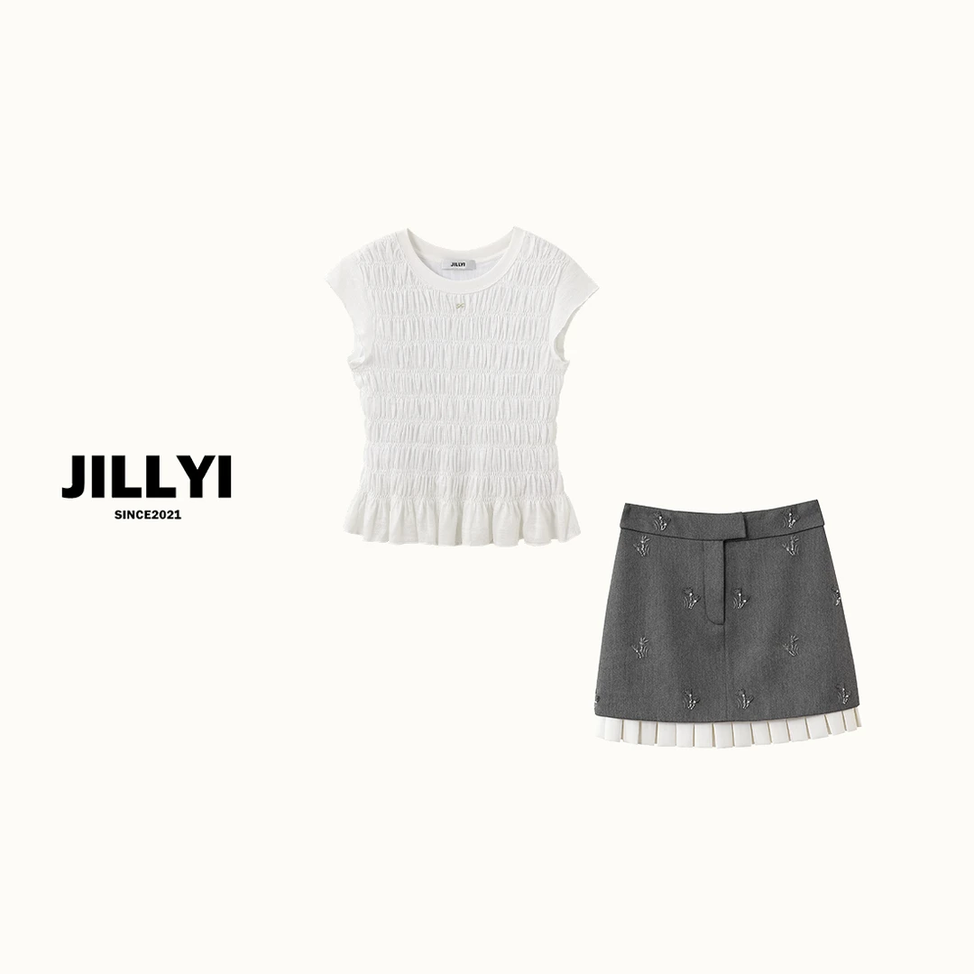 JILLYI珠海店【白色岛屿】+【钻石银草】纯色圆领T恤+灰色半身裙套装