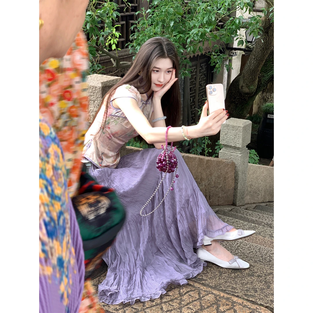 凌茜恣禾【粉烟蝶】国风新中式粉蝴蝶印花上衣紫色肌理感半身裙套装